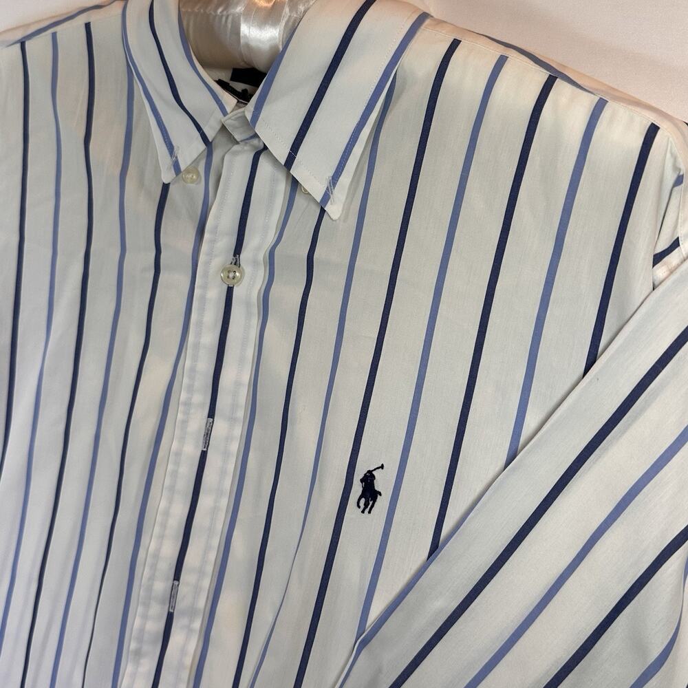 Ralph Lauren Classic Fit White Blue Striped Cotton Woven BD Polo Pony L (Flaw)